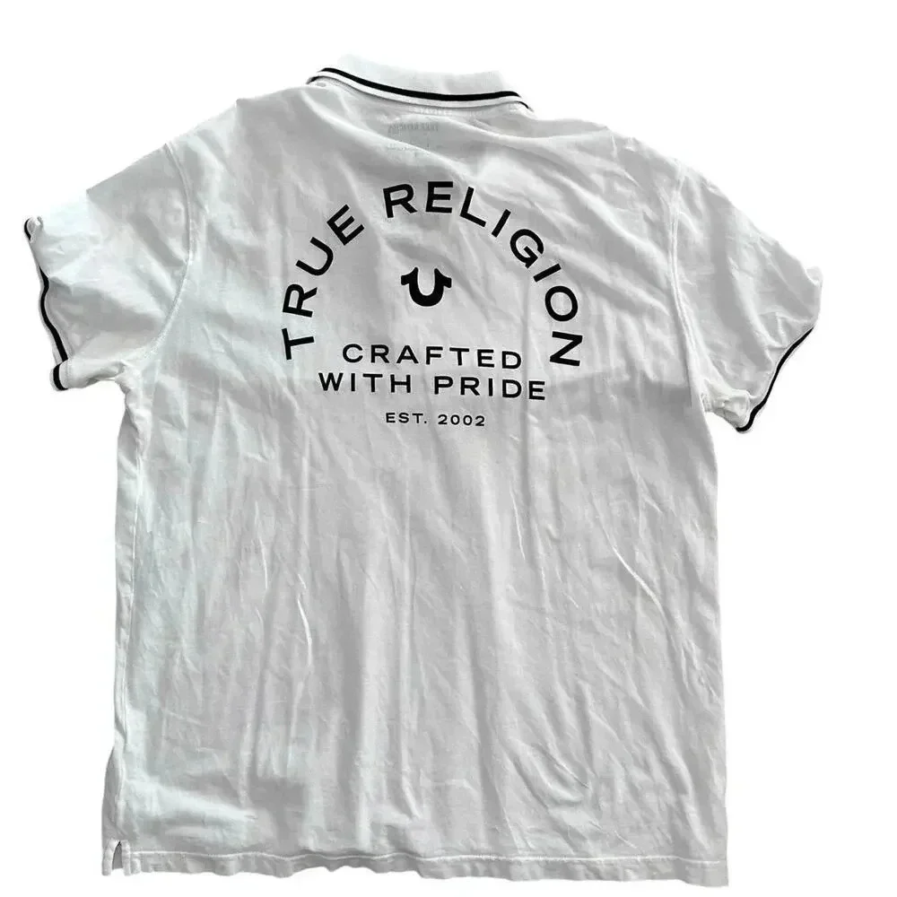 True Religion World Tour White Short Sleeve Polo Shirt Size 2XL